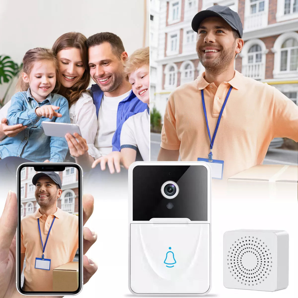 Campainha Inteligente Wifi com Câmera HD - Com Sensor Movimento, Interfone Sem Fio e Visão Noturna